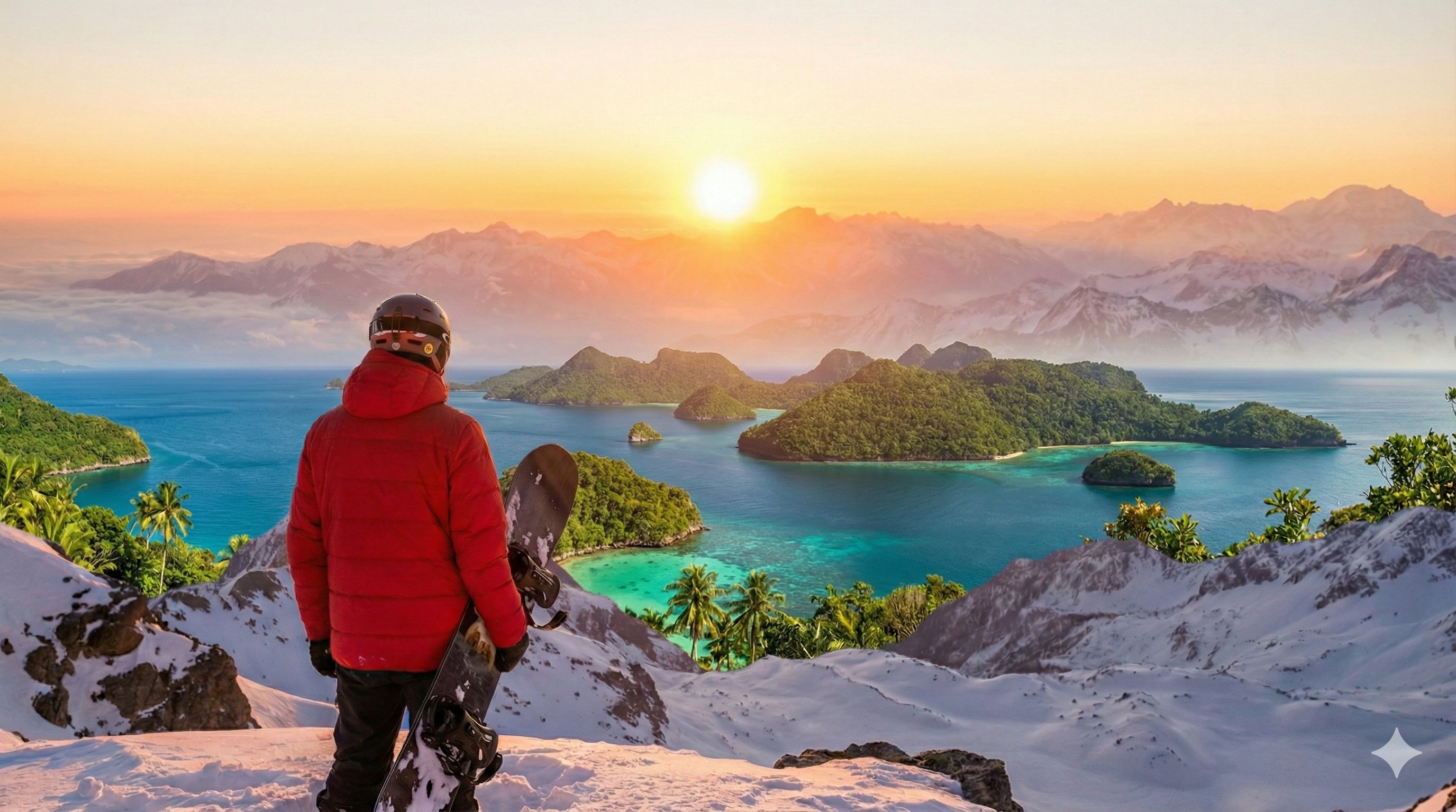 Snowboarder on mountain summit at sunrise